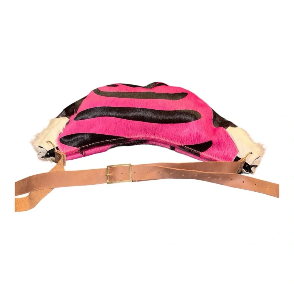 Fur-On Cowhide Western Shoulder Bag Pink & Black Zebra Print w/Leather Strap BP4